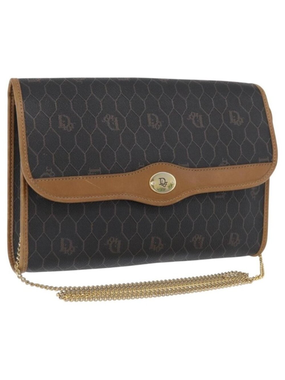 Authentic Christian Dior Honeycomb Canvas Chain Shoulder Bag PVC Black Gold